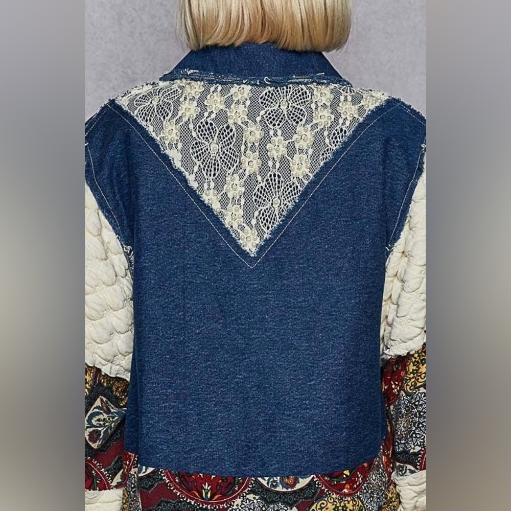 NEW POL Denim Blue Balloon Sleeve Patchwork Jacket Boho Lace Back Size Large - Picture 7 of 7